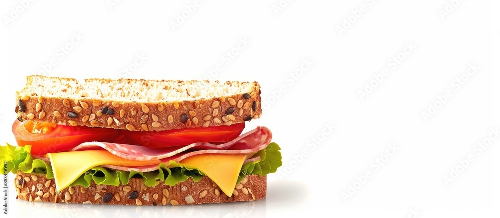 Poster Sandwich featuring tomato cheese and ham with a blank space for text or image available. with copy space image. Place for adding text or design