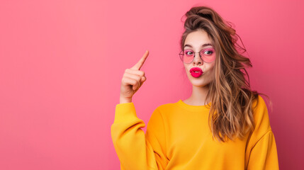 Obraz premium Portrait of a young woman pointing her fingers isolated on a pastel background.
