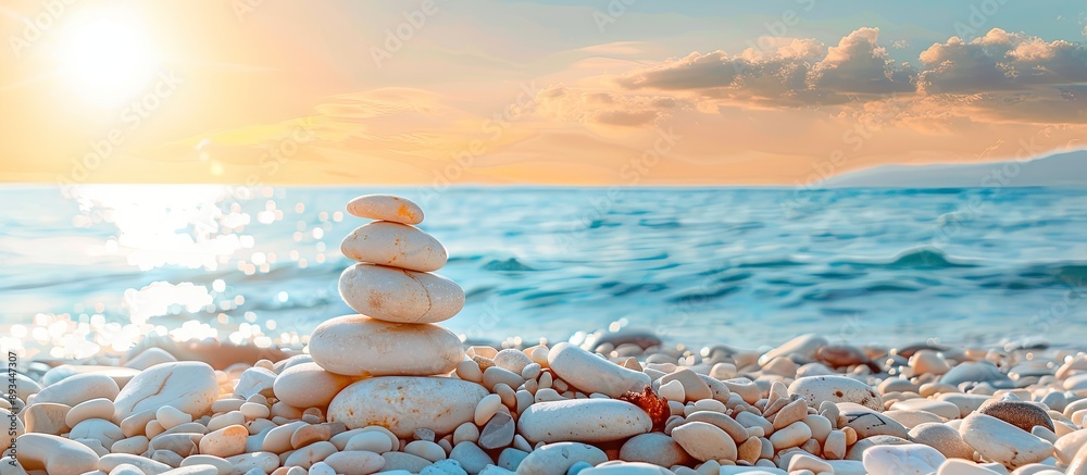 Poster pebbles pyramid on the beach with a sunny day and clear sky at sunset and a blue sea in the backgrou