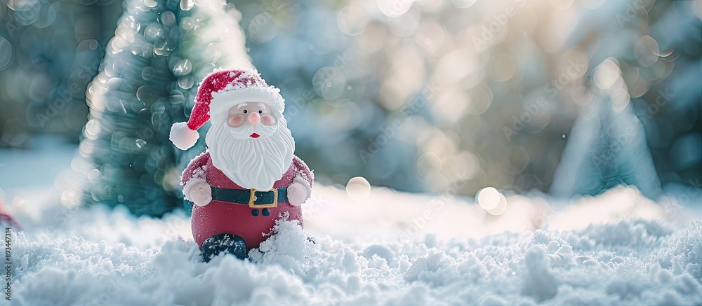 Aufkleber Santa Claus toy figure in the snow with a Christmas tree in the background conveying a Winter and New Year theme with copy space image