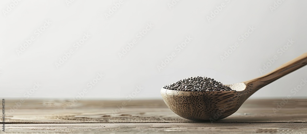 Poster spoon holding chia seeds against a wooden table with a plain background suitable for copy space imag