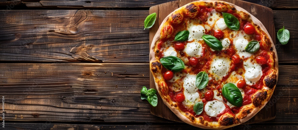 Aufkleber top down view of a margherita pizza on a wooden surface with room for text or other elements a perfe