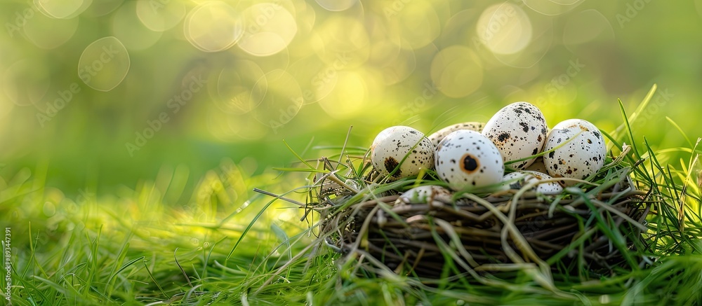 Leinwandbilder Quail eggs displayed on grass in an Asian culinary setting with plenty of copy space image