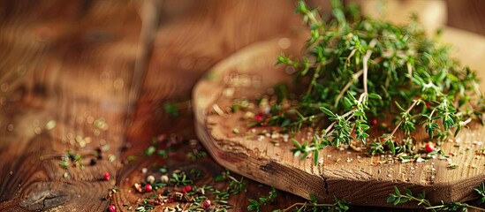 Restaurant menu featuring a series of food photos including a close up of thyme on a wooden board with spices allowing for copy space image