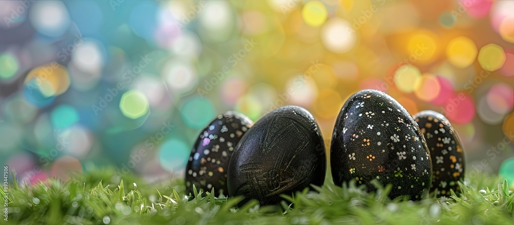 Poster traditional easter eggs adorned with black paint displayed on a green lawn with colorful background 
