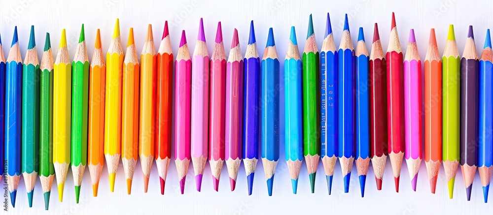 Poster rainbow color pencils on a white backdrop with copy space image perfect for back to school with room