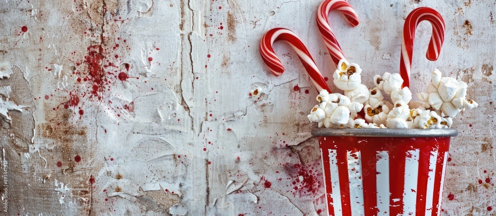 Poster popcorn bucket with candy canes on white grunge background perfect for a copy space image