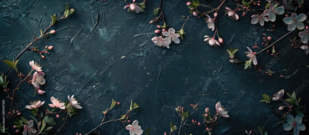 Poster A top down view of blossoming spring branches against a dark backdrop providing a clear copy space image