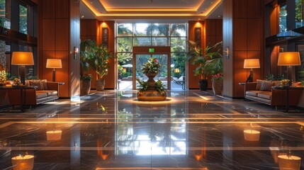 Luxurious Hotel Lobby with Marble Floor and Natural Light