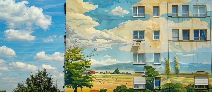 Copy space image of a charming rural German landscape mural on a tall building painted in silicate located in Langen and visible from a facade scaffold