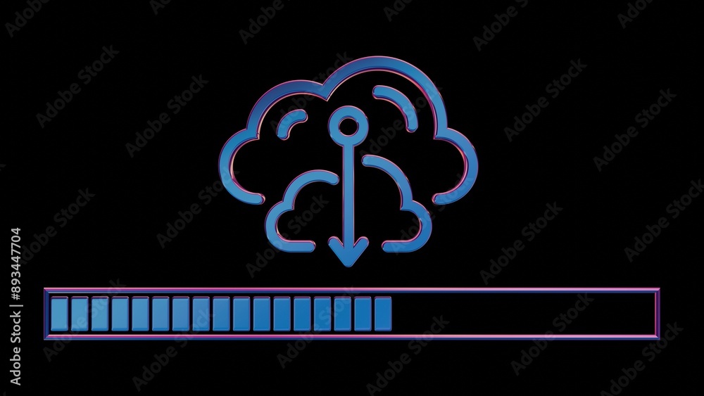 Aufkleber Neon Cloud Computing Icon with Loading Bar on Black Background..