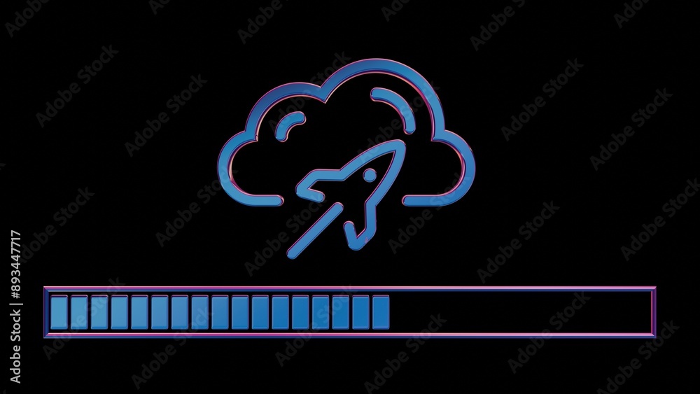 Aufkleber Neon Cloud Computing Icon with Loading Bar on Black Background..