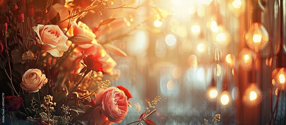 Poster vintage style decoration in evening light featuring flowers in conflict with the illumination create