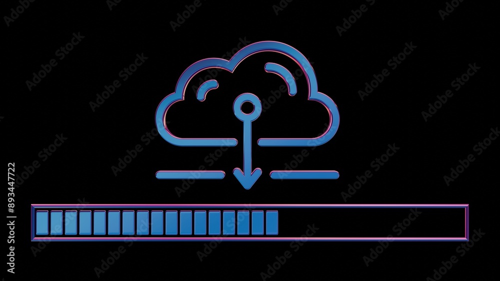Aufkleber Neon Cloud Computing Icon with Loading Bar on Black Background..