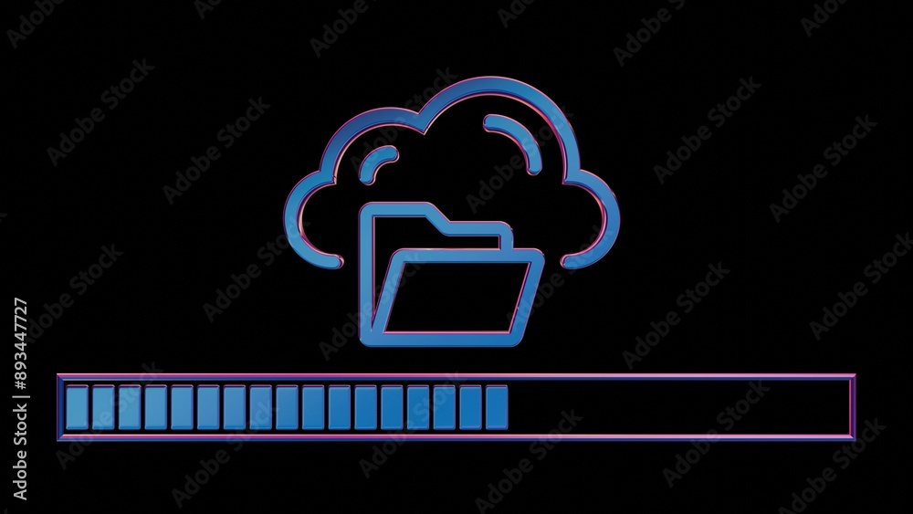 Aufkleber Neon Cloud Computing Icon with Loading Bar on Black Background..