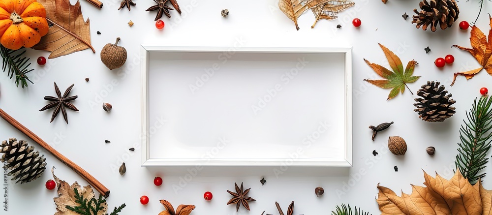 Fototapete autumn theme with a blank mock up photo frame surrounded by natural elements like leaves flowers pin