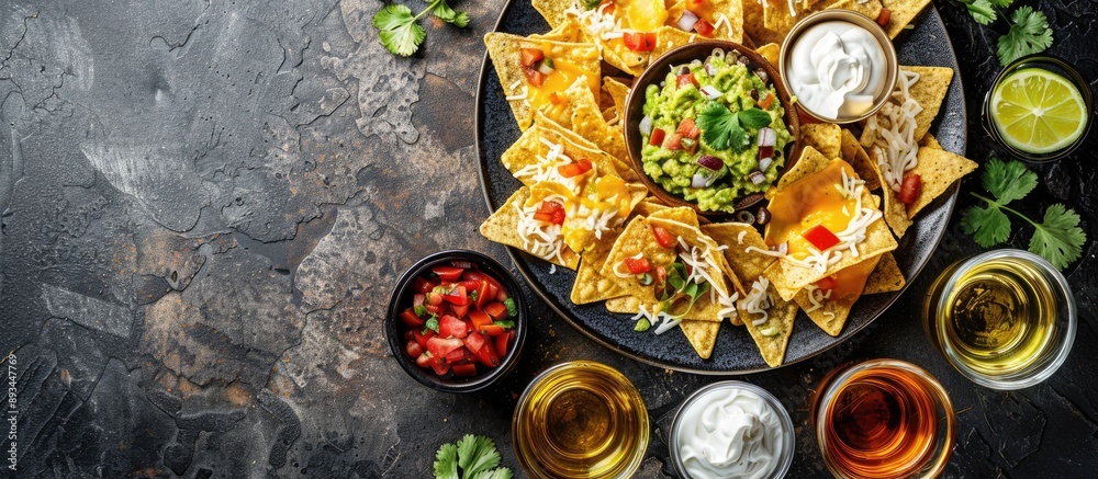 Poster top view shot of mexican nachos chips with guacamole salsa cheese and sour cream accompanied by tequ