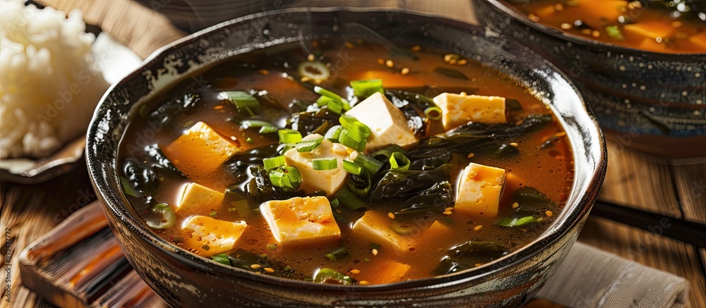 Aufkleber Traditional Japanese soup made with soybean paste tofu and seaweed often served hot with a bowl of rice. with copy space image. Place for adding text or design