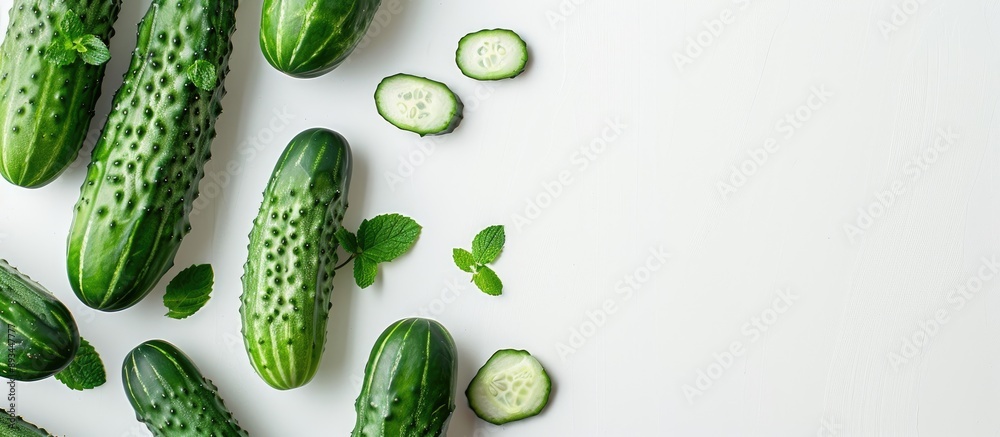 Poster horizontal top down view of cucumber on white background with ample copy space image