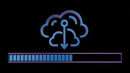Neon Cloud Computing Icon with Loading Bar on Black Background..