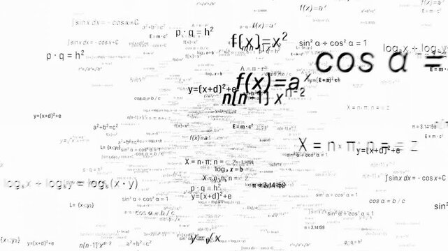 Different mathematical formulas, loop animation. Study, basic research, theoretical assumptions, maths, education, scientific formulas, mathematical variables and symbols.