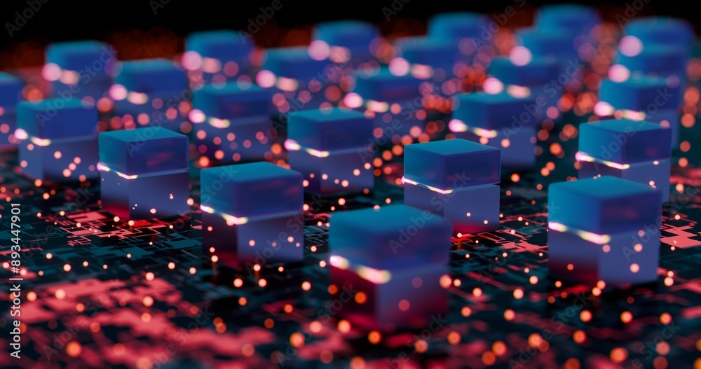 Poster Futuristic Digital Blocks with Neon Lights on Circuit Board..