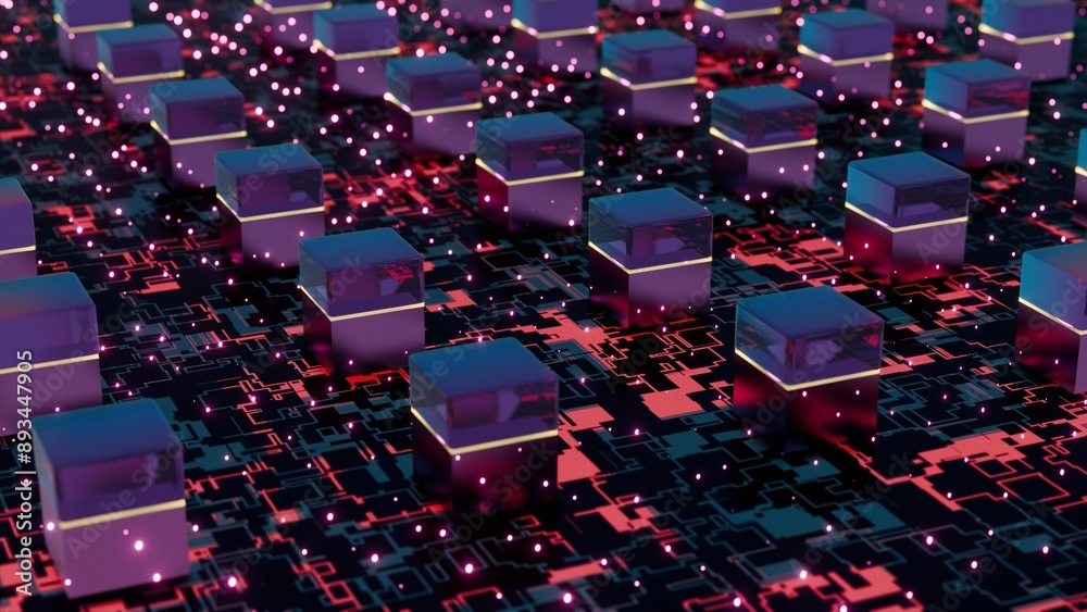 Poster Futuristic Digital Blocks with Neon Lights on Circuit Board..