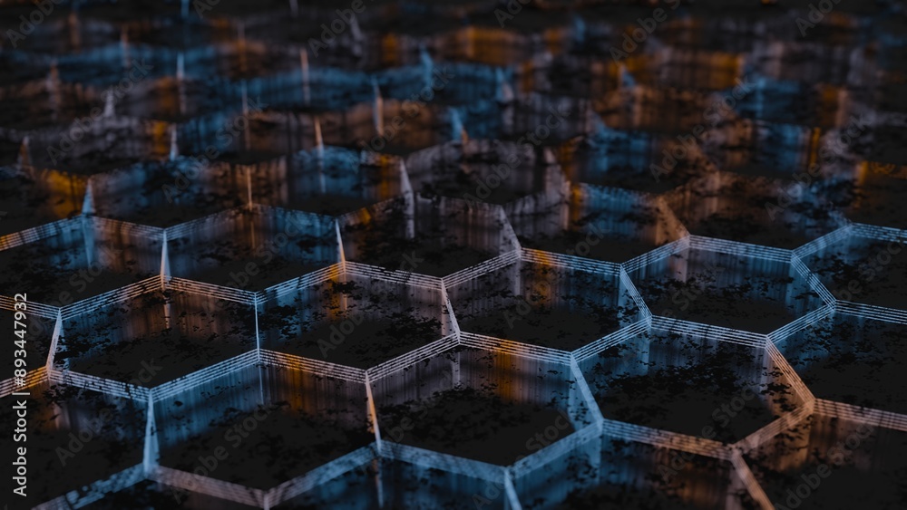 Poster Dark Abstract Hexagonal Pattern with Blue and Orange Light Reflections..