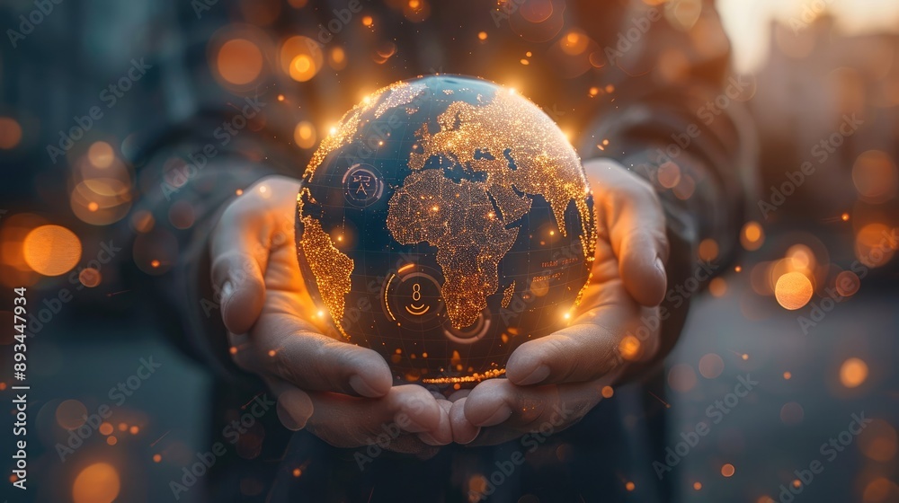 Poster hands holding a glowing globe with economic indicators and growth trends, symbolizing global economi