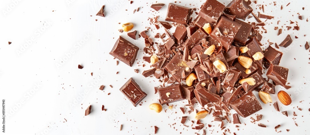 Aufkleber shattered dark chocolate with nuts on a white background perfect for a copy space image