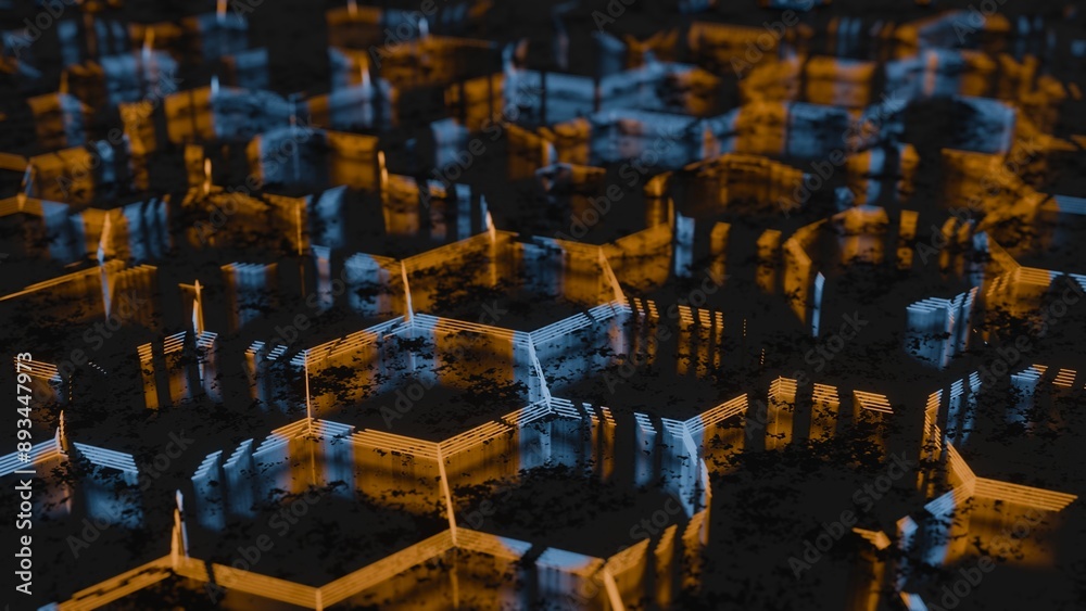 Poster Dark Abstract Hexagonal Pattern with Blue and Orange Light Reflections..