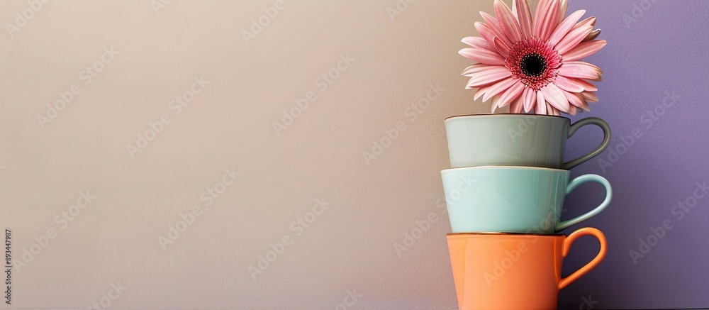Aufkleber A stack of coffee cups with a gerbera flower maintaining balance on a purple and beige backdrop showcasing a minimalistic design with a modern touch and copy space image