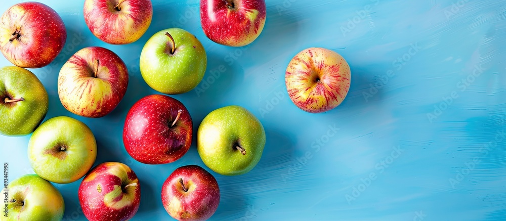 Poster vivid and fresh apples set against a blue backdrop for a healthy food concept suitable for advertisi