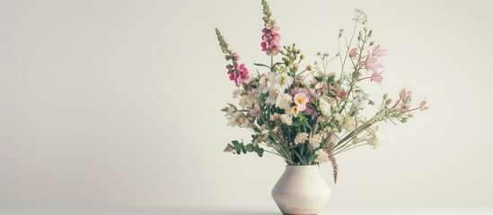 A lovely arrangement of flowers in a vase set against a plain white background creating the perfect copy space image