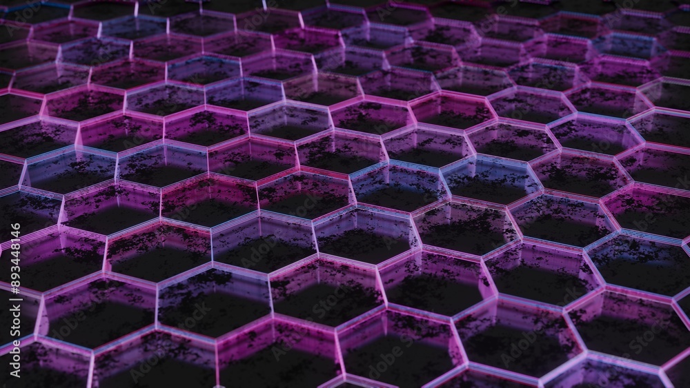 Aufkleber dark abstract hexagonal pattern with purple and pink light reflections..