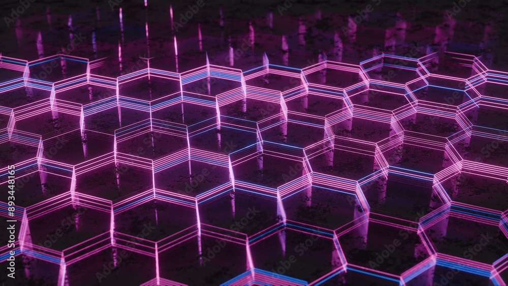 Poster Dark Abstract Hexagonal Pattern with Purple and Pink Light Reflections..