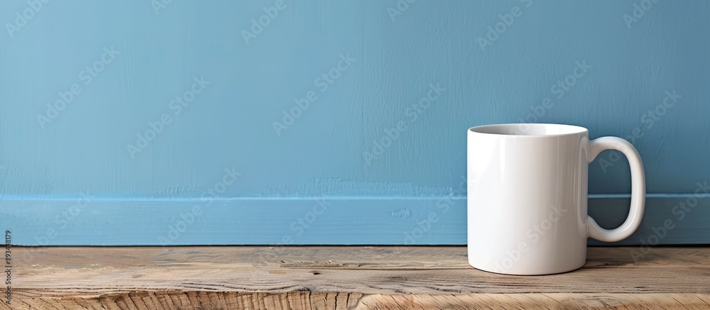 Poster White mug on wooden surface against a blue backdrop with space for text or imagery in the picture. with copy space image. Place for adding text or design