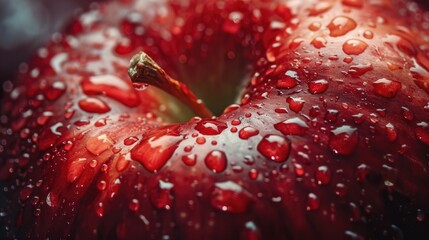 Close-up of a red apple with water droplets, emphasizing the vibrant color and crisp texture.