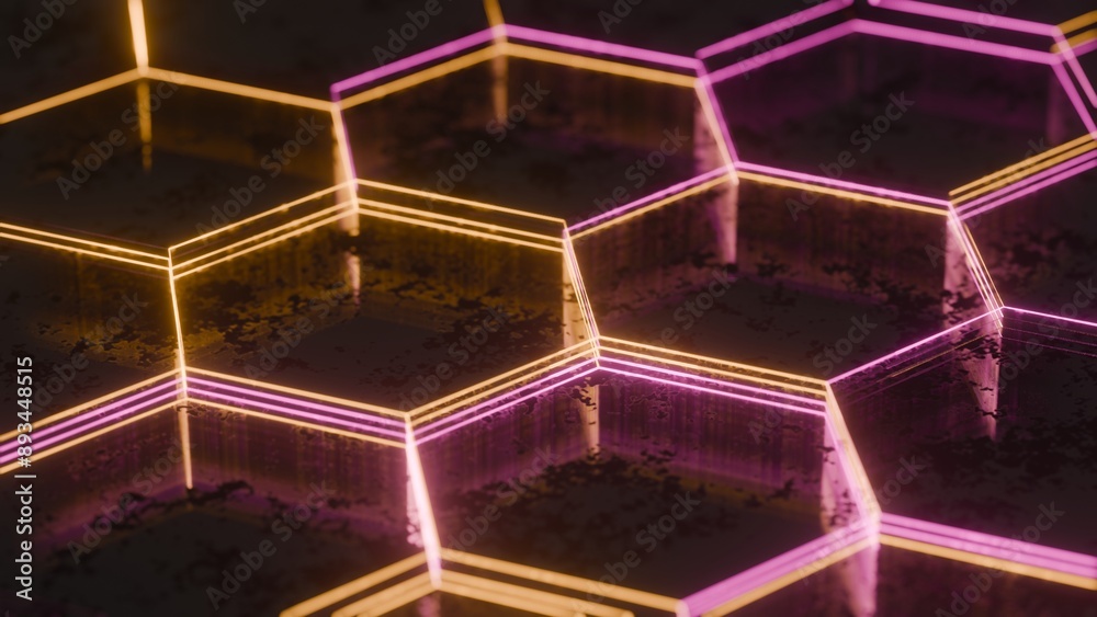 Aufkleber illuminated hexagonal pattern with neon pink and yellow lights..
