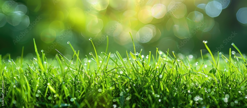 Poster fresh young grass field with a green grass background creating a springtime copy space image