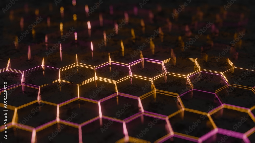 Fototapete illuminated hexagonal pattern with neon pink and yellow lights..