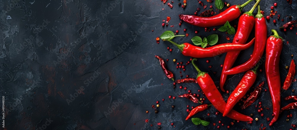 Poster top view of vibrant red chili peppers on a dark background with copy space image for a fresh paprika