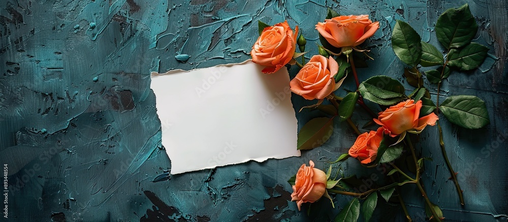 Aufkleber Flat lay with a creative mockup layout featuring roses on a table with an empty sheet of paper and a card including an orange rose for copy space image