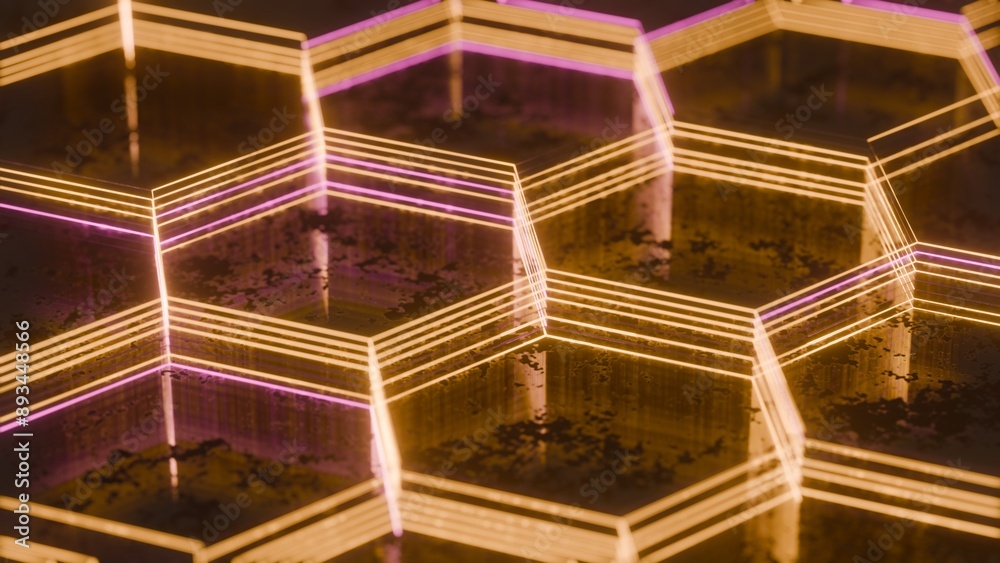 Poster Illuminated Hexagonal Pattern with Neon Pink and Yellow Lights..