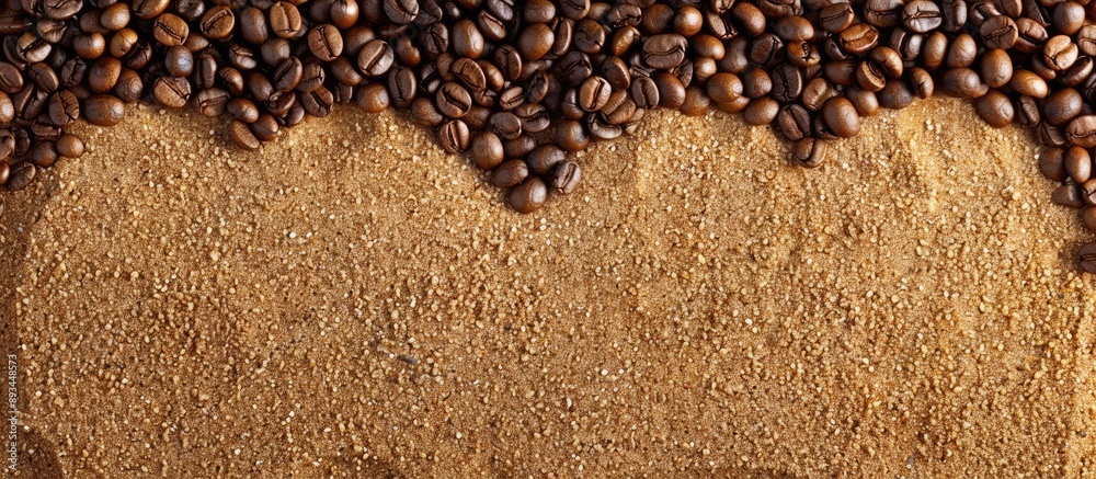 Leinwandbilder coffee grains in heart shape on sandy surface expressing love for coffee arranged in a frame design 