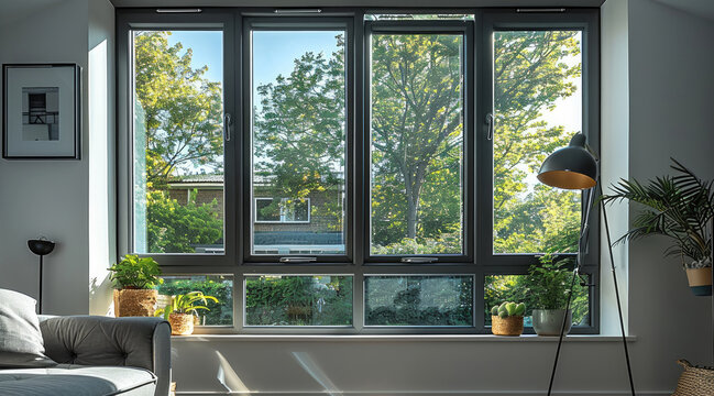 Sophisticated charcoal uPVC windows. The four versions include a small window for a modern bathroom, a large window for an industrial-style loft, a medium-sized window. Generative AI.