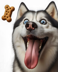 Obraz premium Funny dog, siberian husky catching a biscuit treat, flying through the air, white background