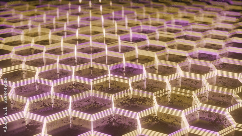 Poster Illuminated Hexagonal Pattern with Neon Pink and Yellow Lights..