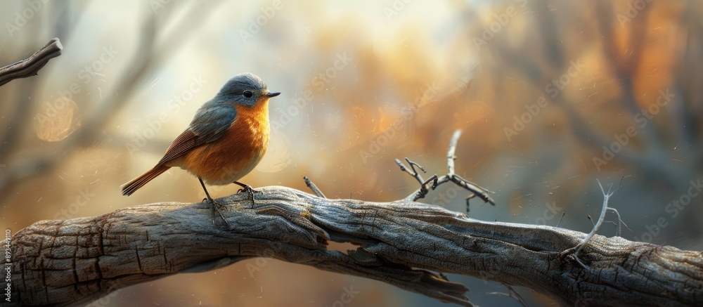 Poster A Daurian redstart is seen perched elegantly on a dead tree branch with a scenic background providing empty space for image placement. with copy space image. Place for adding text or design