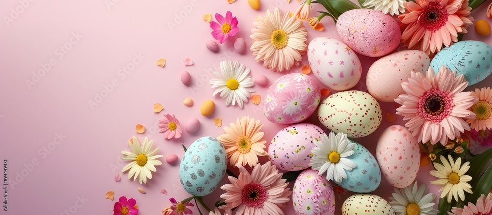 Aufkleber Easter holiday card idea with vibrant eggs and flowers on a soft pink background View from above with room for text or images. with copy space image. Place for adding text or design